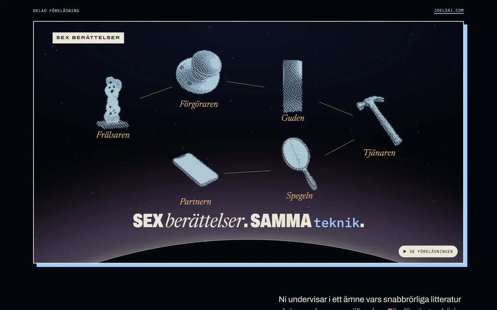 Delningssidan för Vem skrev din kurs?, med en slide ur föreläsningen överst.