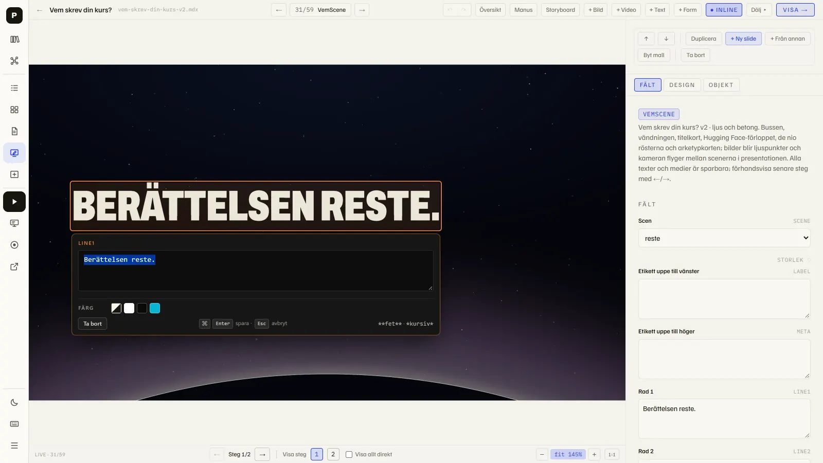 R-läget i Presenter: en slide där texten går att skriva direkt i.